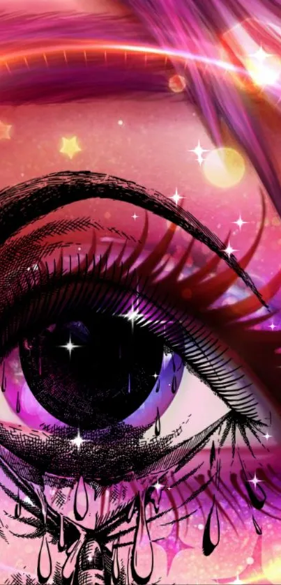 Vibrant pink eye art wallpaper with cosmic and surreal elements.