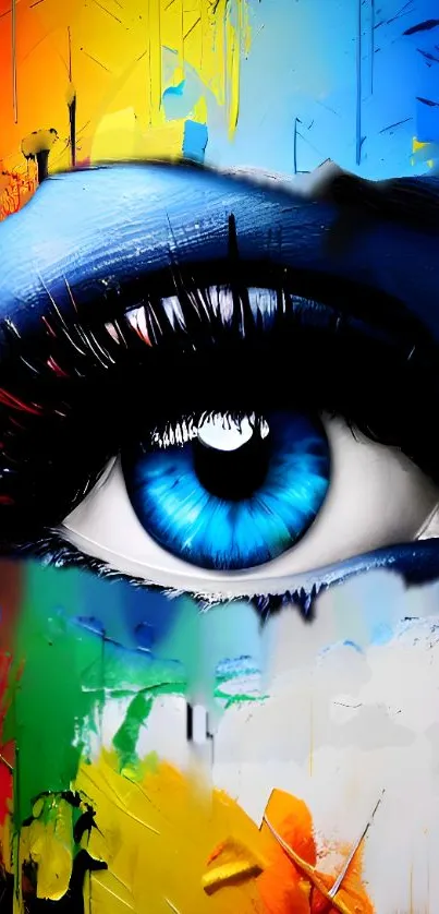 Close-up of a vibrant abstract blue eye in colorful art design.