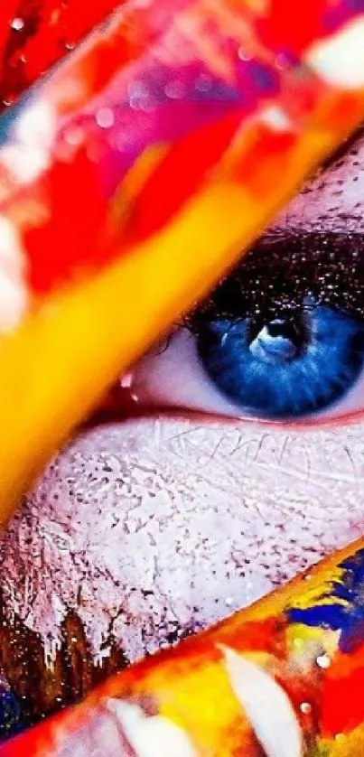 Colorful eye art wallpaper with vibrant paint and a striking blue eye.