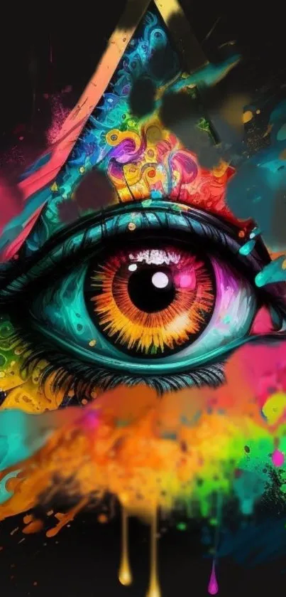 Psychedelic colorful eye art with vibrant splashes.