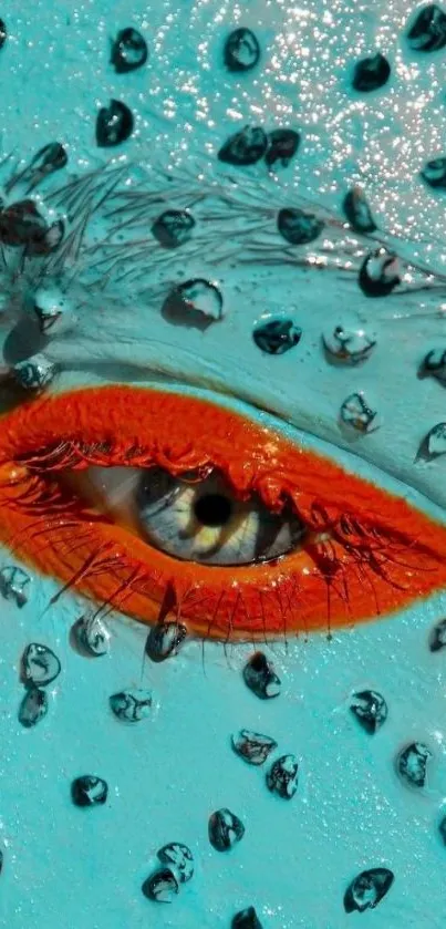 Unique eye art wallpaper with vibrant colors and texture on a teal blue background.