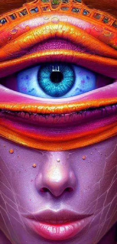 Colorful surreal eye art wallpaper with vibrant purple and orange hues.