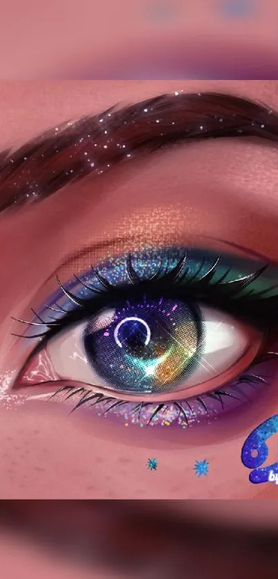 Close-up of a vibrant eye with cosmic, colorful details and galaxy theme.