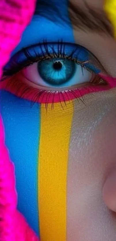 Close-up of a colorful painted eye on a vibrant wallpaper.