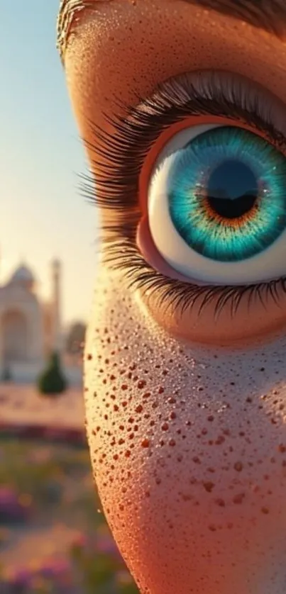 Close-up of a vibrant blue eye with a scenic background.