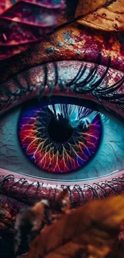 Artistic eye with colorful iris surrounded by autumn leaves.