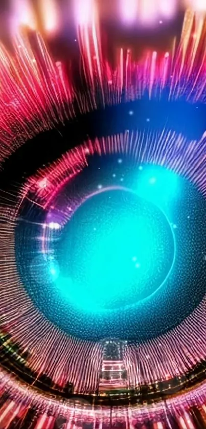 Vibrant abstract eye with bursting colors in pink, blue, and gold.