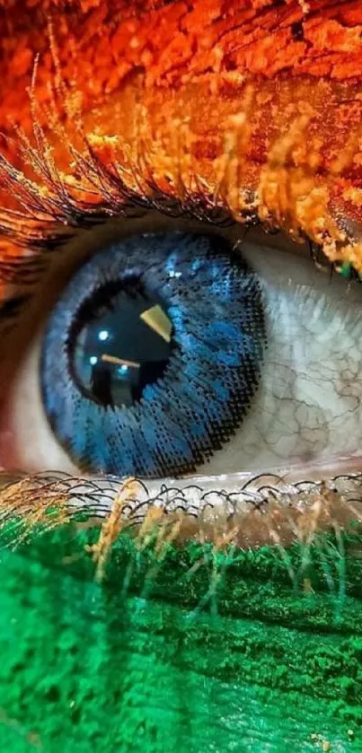 Close-up of a vibrant colored eye with orange and green accents.