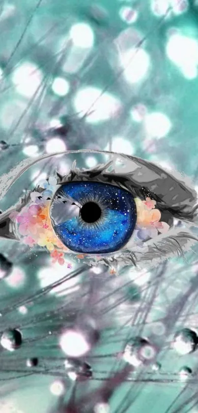 Blue eye with floral galaxy background.