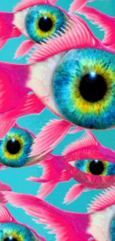 Vibrant wallpaper featuring pink fish with eyes on a turquoise background.