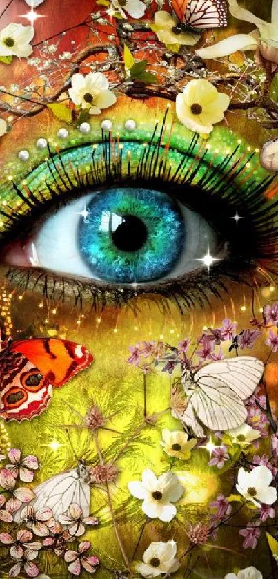 Green eye in floral fantasy with colorful butterflies.