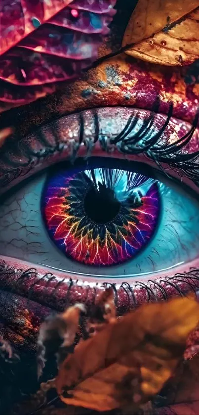 Vibrant eye with colorful iris surrounded by autumn leaves.