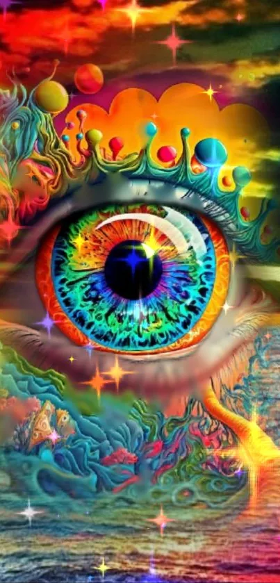 Vibrant eye amidst colorful ocean waves in a surreal art wallpaper.