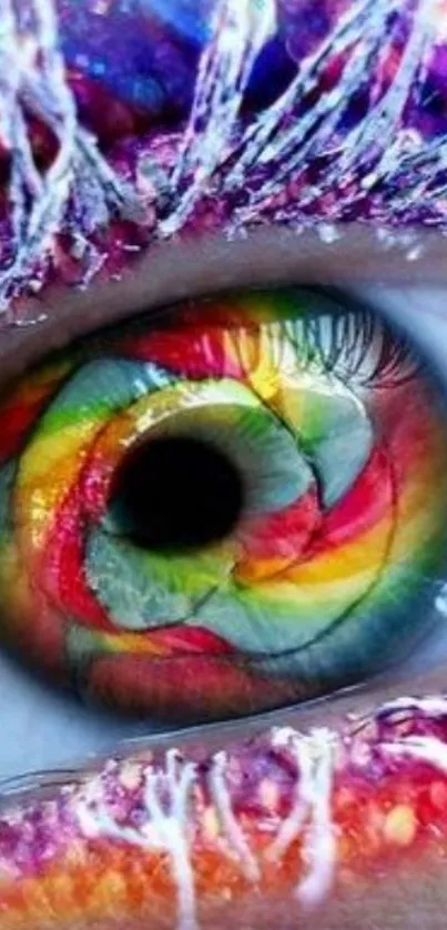 Vibrant eye with rainbow swirl in artistic wallpaper design.