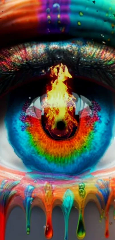 Vibrant eye wallpaper with rainbow hues and fiery center.