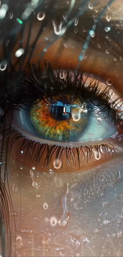 Close-up of a vibrant eye with raindrops on skin.