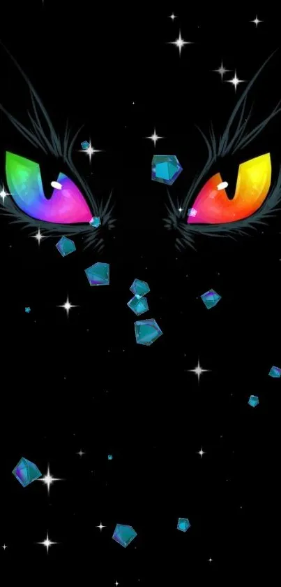 Colorful eyes and crystals on dark cosmic wallpaper with stars.