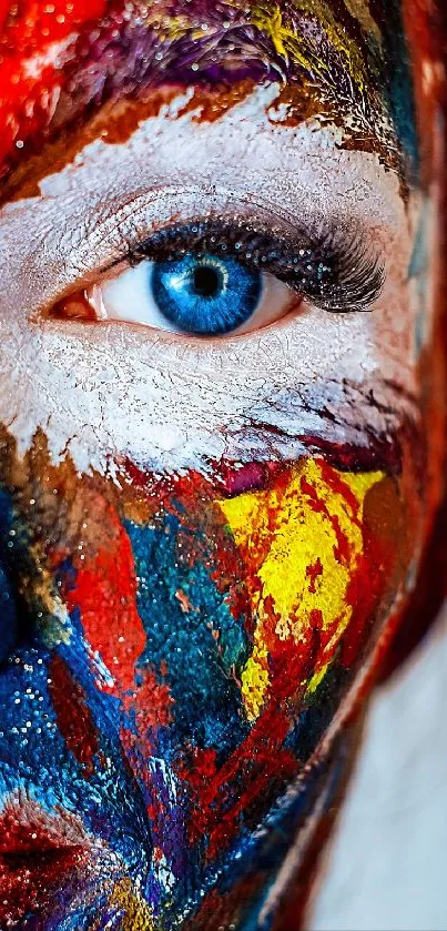 Colorful painted face with blue eye close-up.