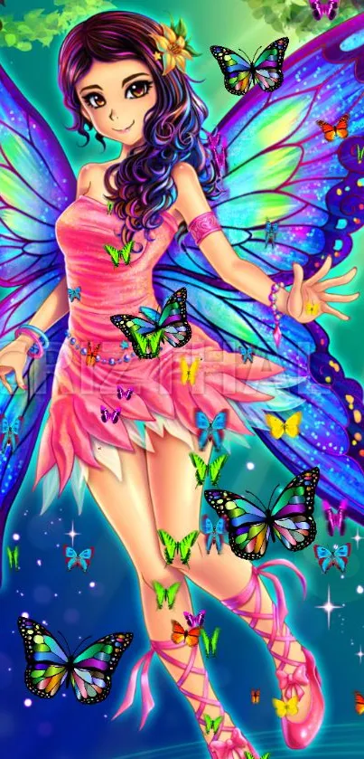 Colorful fairy with vibrant butterfly wings.