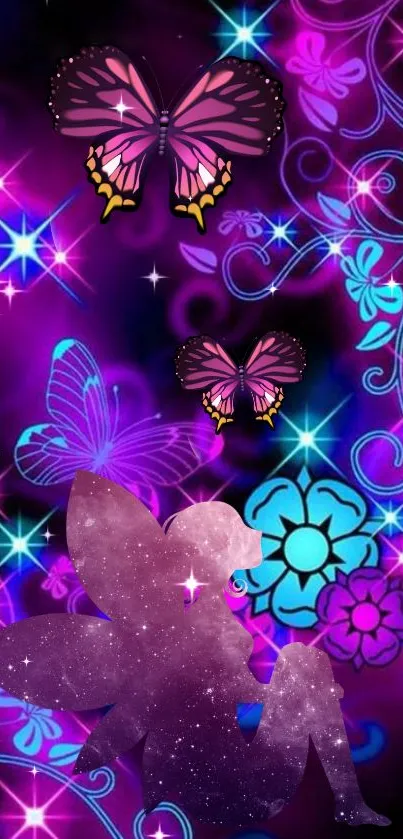 Purple fairy wallpaper with butterflies and floral designs.