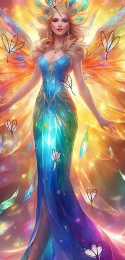 Fantasy fairy art with vibrant wings and a colorful dress in magical hues.