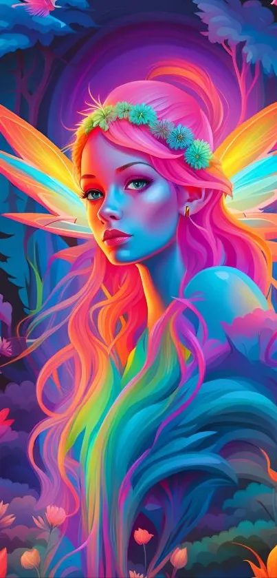 A vibrant fairy with colorful wings in a fantasy landscape.