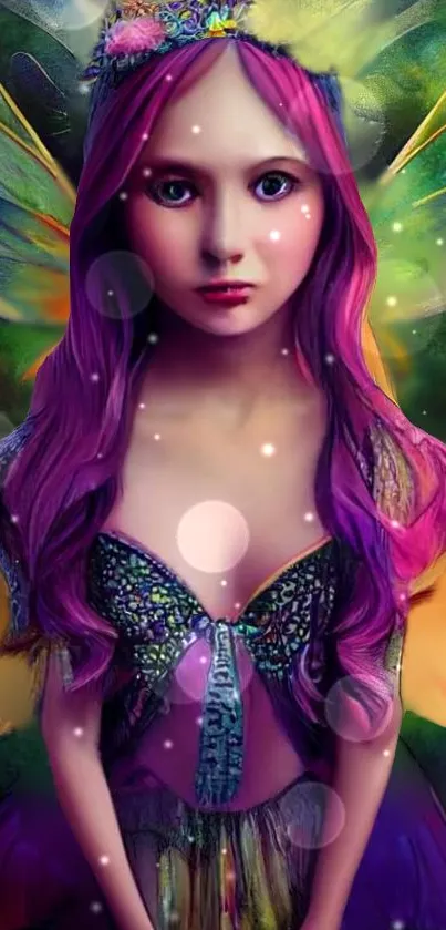 Vibrant fantasy fairy with colorful wings and a magical aura.