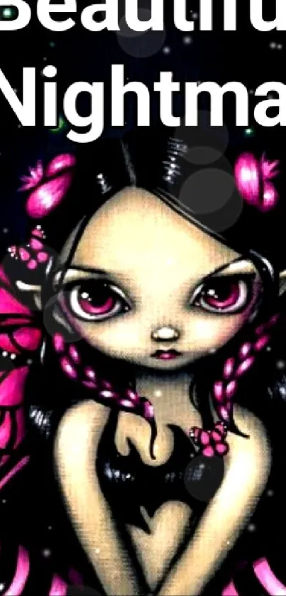 Beautiful gothic fairy with vibrant pink wings on a dark background.