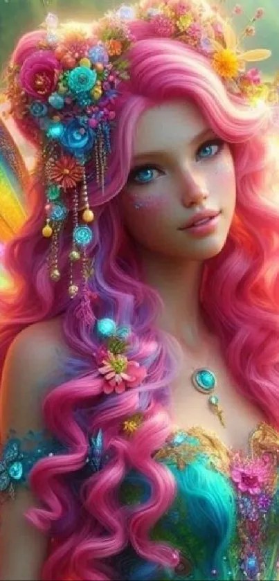 Vibrant fairy with colorful wings and floral accents in a fantasy setting.