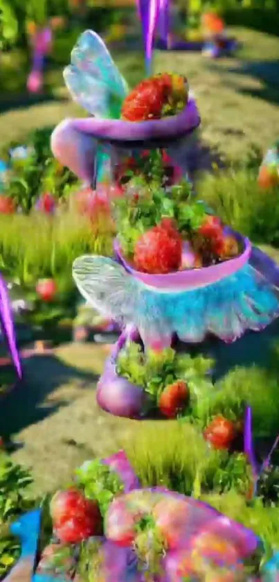 Fantasy garden with vibrant plants and strawberries.