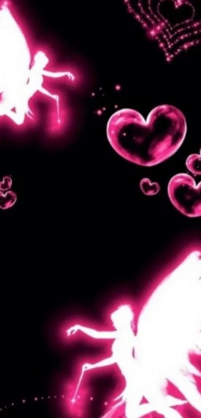 Glowing pink fairies and hearts on black background.