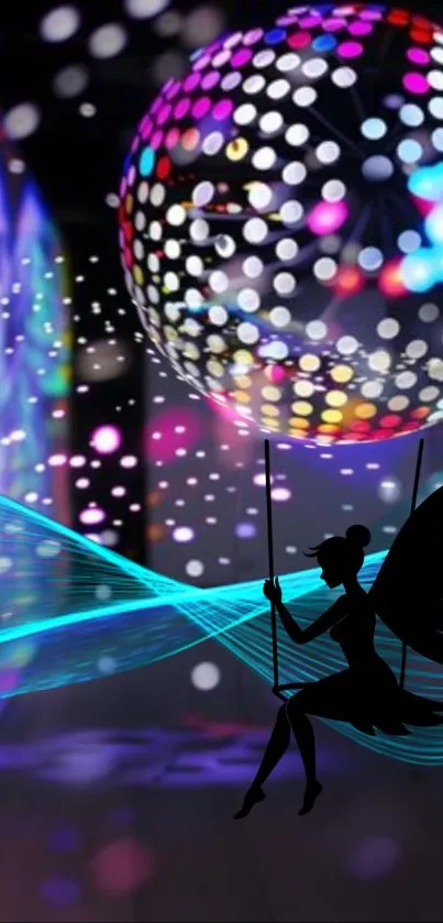 Fairy silhouette swings under vibrant disco ball with glowing lights.