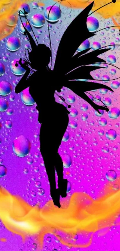 Colorful fairy silhouette with bubbles and vibrant background.