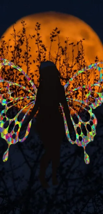 Fairy with colorful wings in front of a full moon wallpaper.