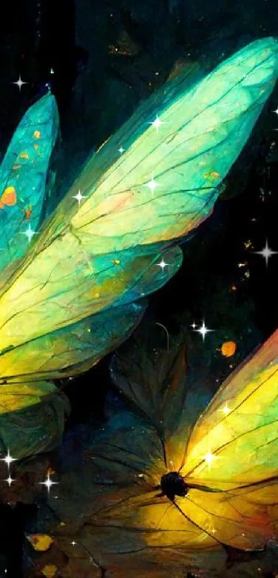 Vibrant glowing fairy wings in a dark forest setting, creating a magical atmosphere.