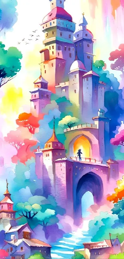 Colorful fairytale castle artwork with vibrant hues and a dreamy landscape.