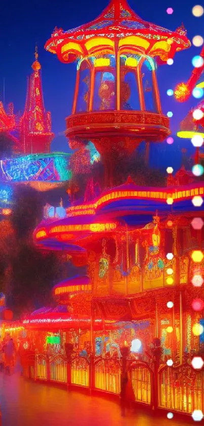 Neon-lit theme park with fairytale architecture and bright, vibrant colors.