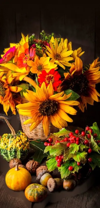 Vibrant autumn floral arrangement with sunflowers.