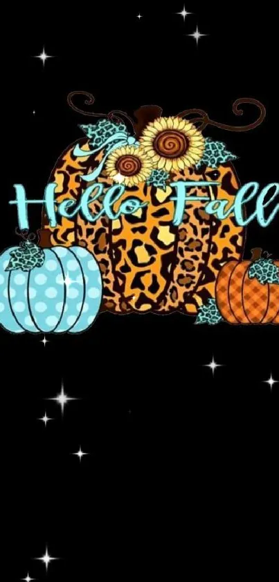 Leopard print and blue pumpkins with "Hello Fall" text on a black background.