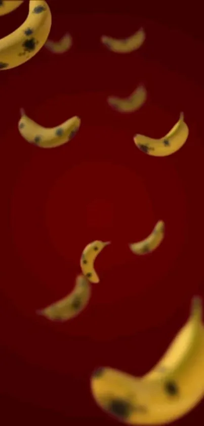 Falling bananas mobile wallpaper with vibrant colors and dark red background.