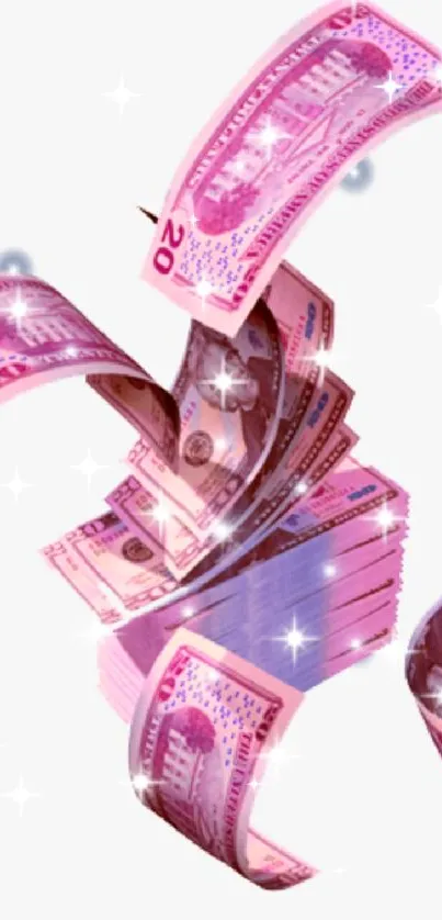 Falling pink currency notes with a sparkling effect.