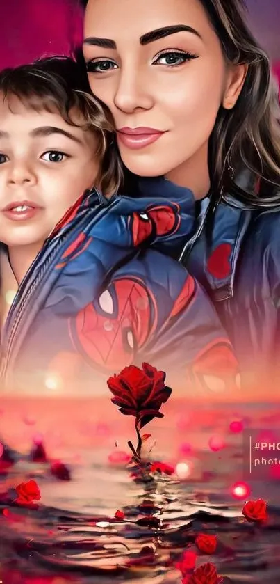 Vibrant digital art of mother and child by a red floral lake.