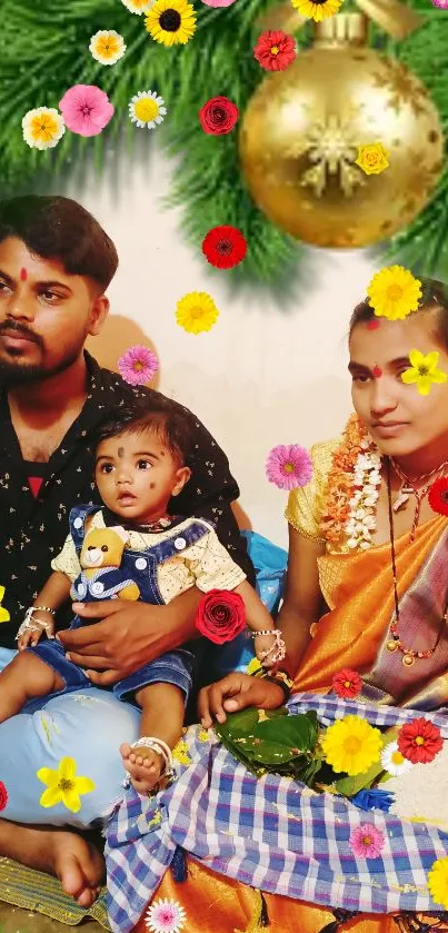 Colorful family celebration with flowers and traditional attire.