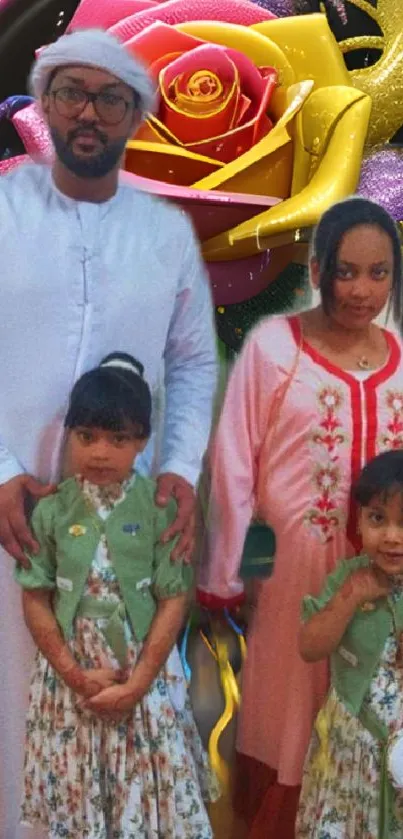 Family in traditional attire with vibrant floral background.