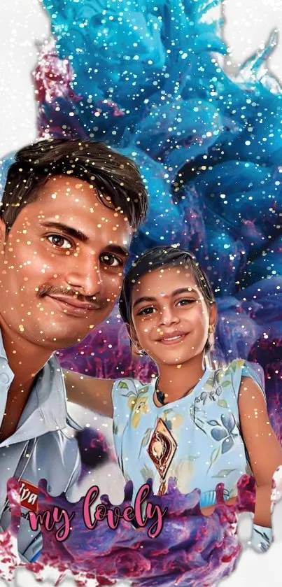 Father and daughter with vibrant abstract background.