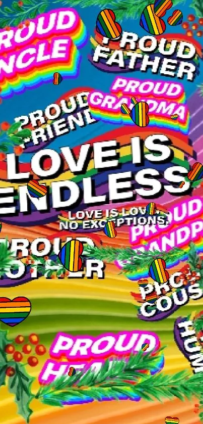 Family love wallpaper with rainbow colors and pride-themed text.
