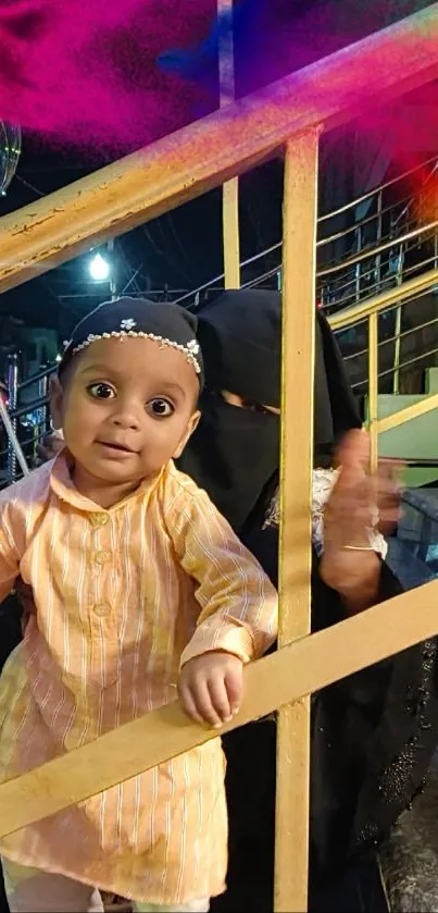 Baby with bright colors in background, joyful family moment.