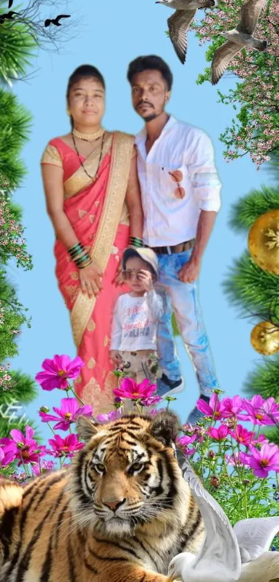 Vibrant family photo with nature background and tiger in a colorful collage.