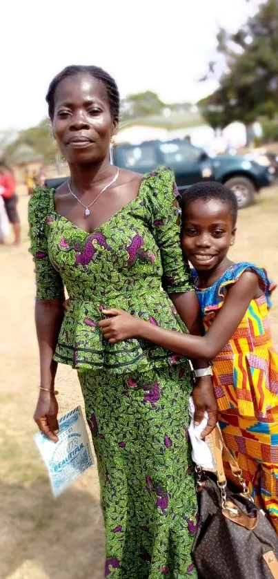 Mother and child in colorful attire in an outdoor setting.