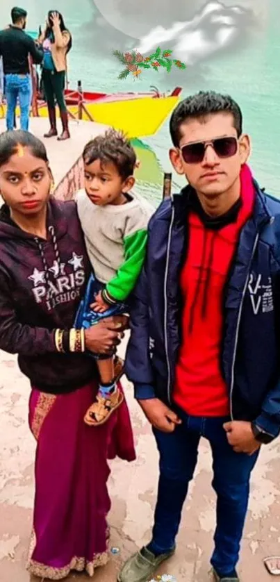 Family by the river in colorful outfits.